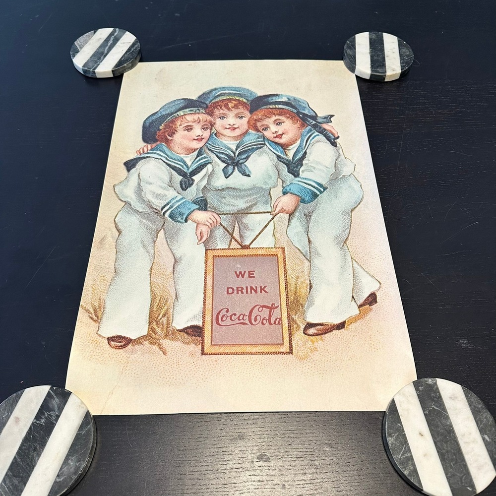 Vintage Coca Cola Poster We Drink Coca Cola Sailor Kids 20.5x13.5 Ad